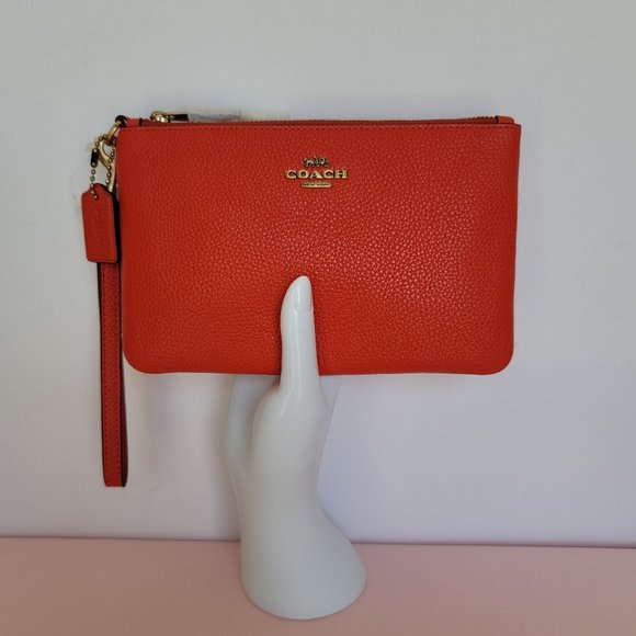 COACH Small Wristlet in Polished Pebbled Leather -Red Orange - Picture 1 of 16